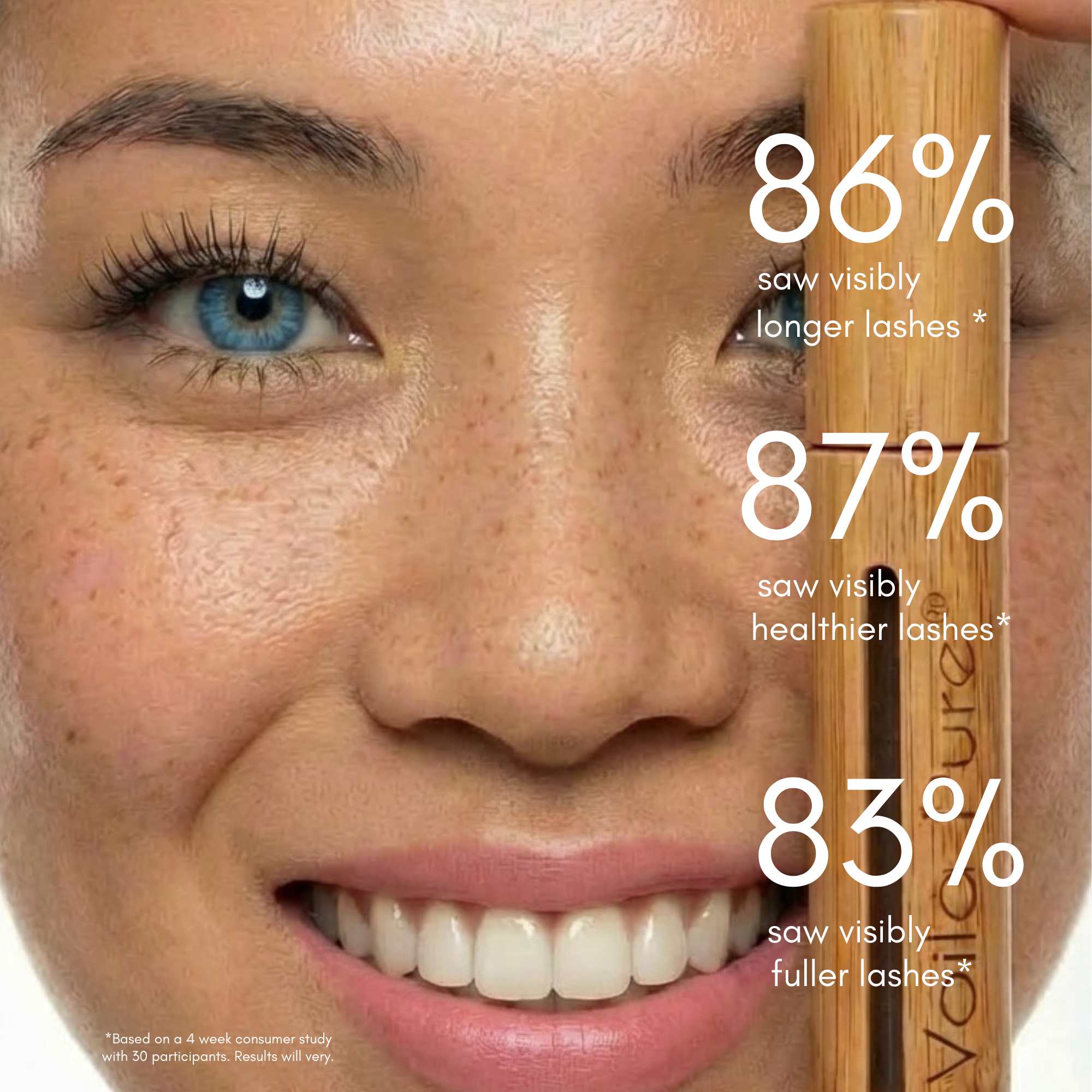 Woman's face with a bamboo eyelash serum tube, showing lash improvement statistics.