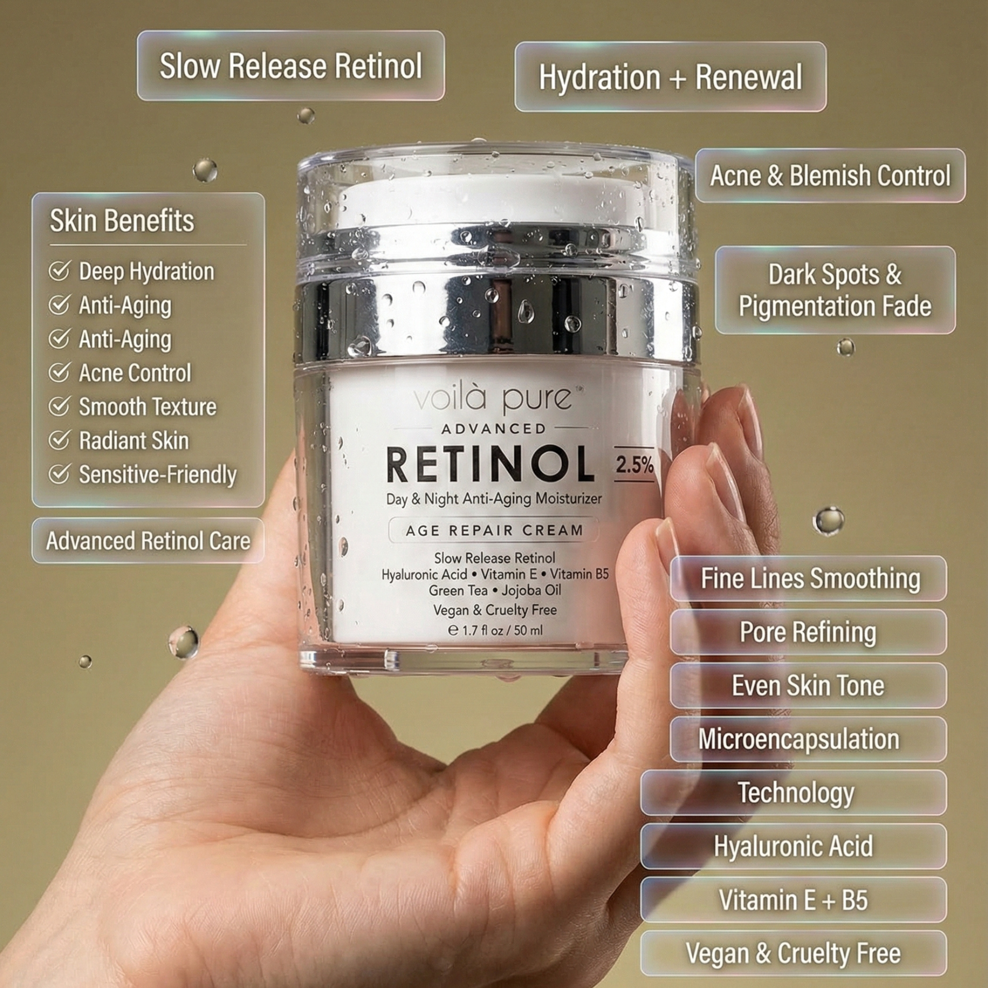 Vita Pure Advanced Retinol cream jar held in a hand with product features listed on a beige background