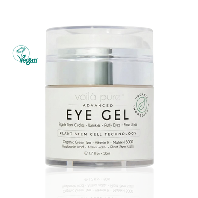 Vella Pure Advanced Eye Gel jar on a white background with a vegan logo 
