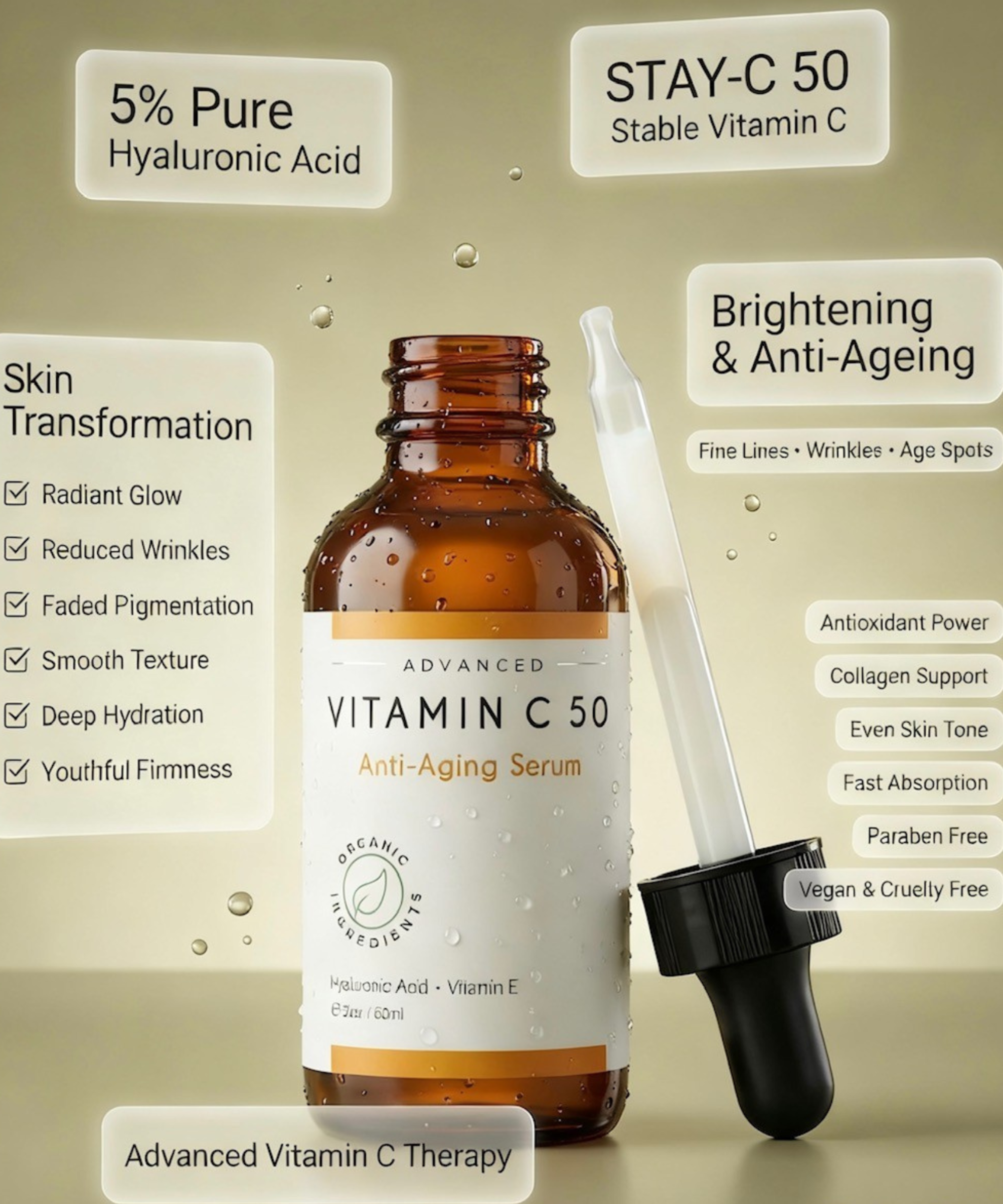 Vitamin C serum bottle with dropper on a beige background with text about its benefits.