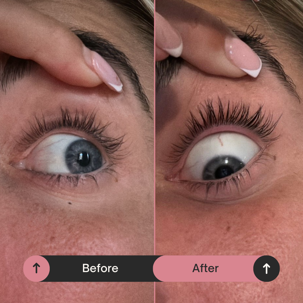 Before and after comparison of eyelashes with a hand applying mascara.