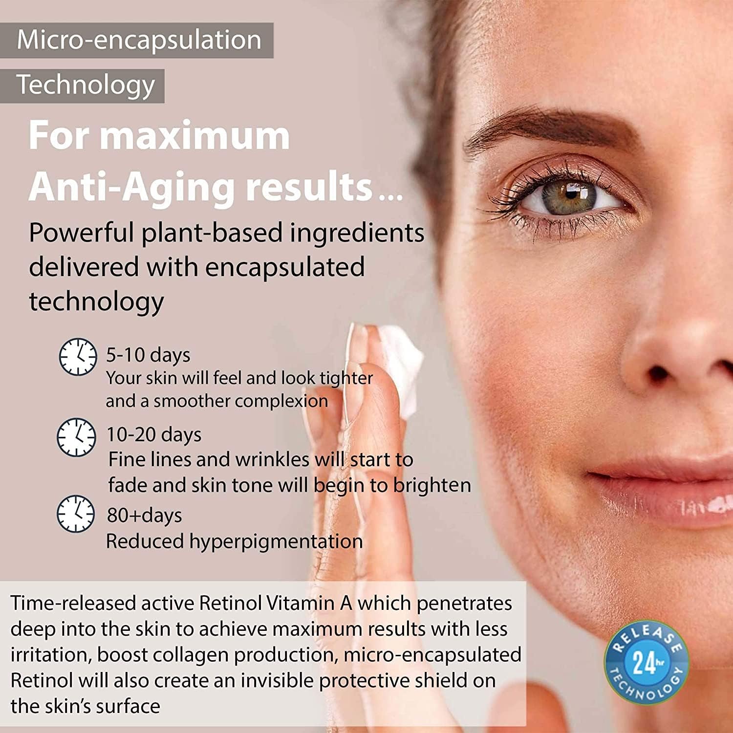 Advertisement for anti-aging skincare product with text and a close-up of a woman's face.