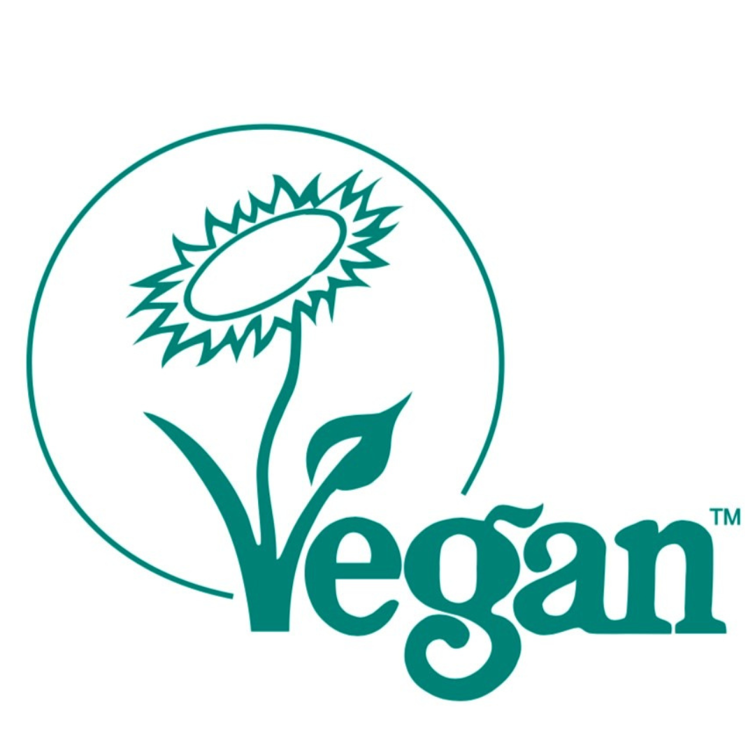 Teal 'Vegan' logo with a sunflower design on a white background