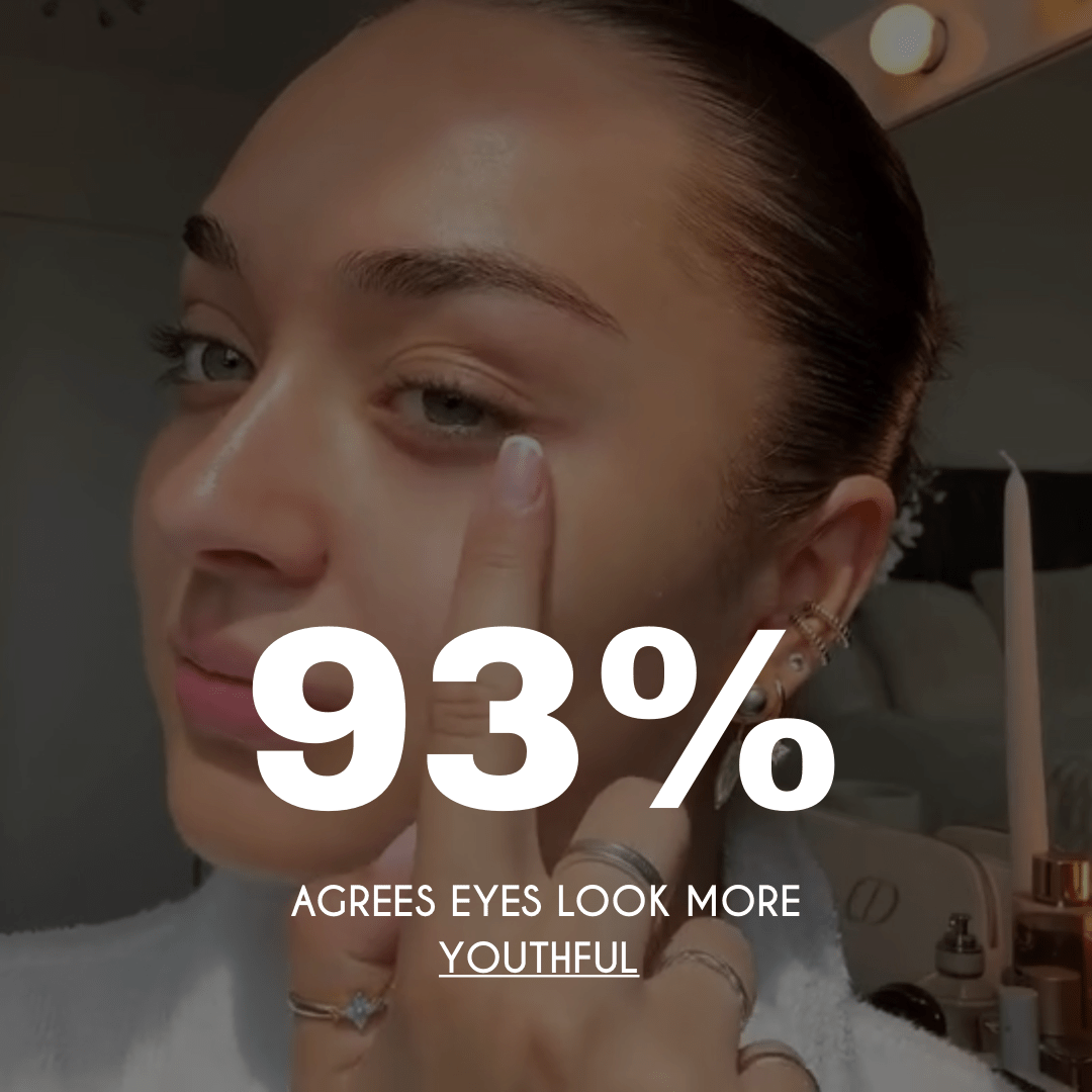 Woman applying eye gel with text indicating satisfaction with cosmetic product