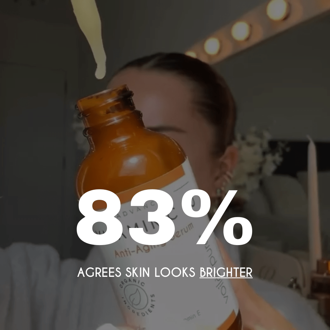 Bottle of vitamin c serum with a woman in the background, text indicating skin improvement.