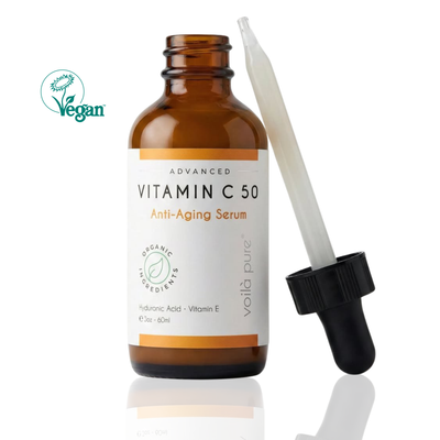 Vitamin C serum bottle with dropper on a white background, featuring 'Vegan' label.