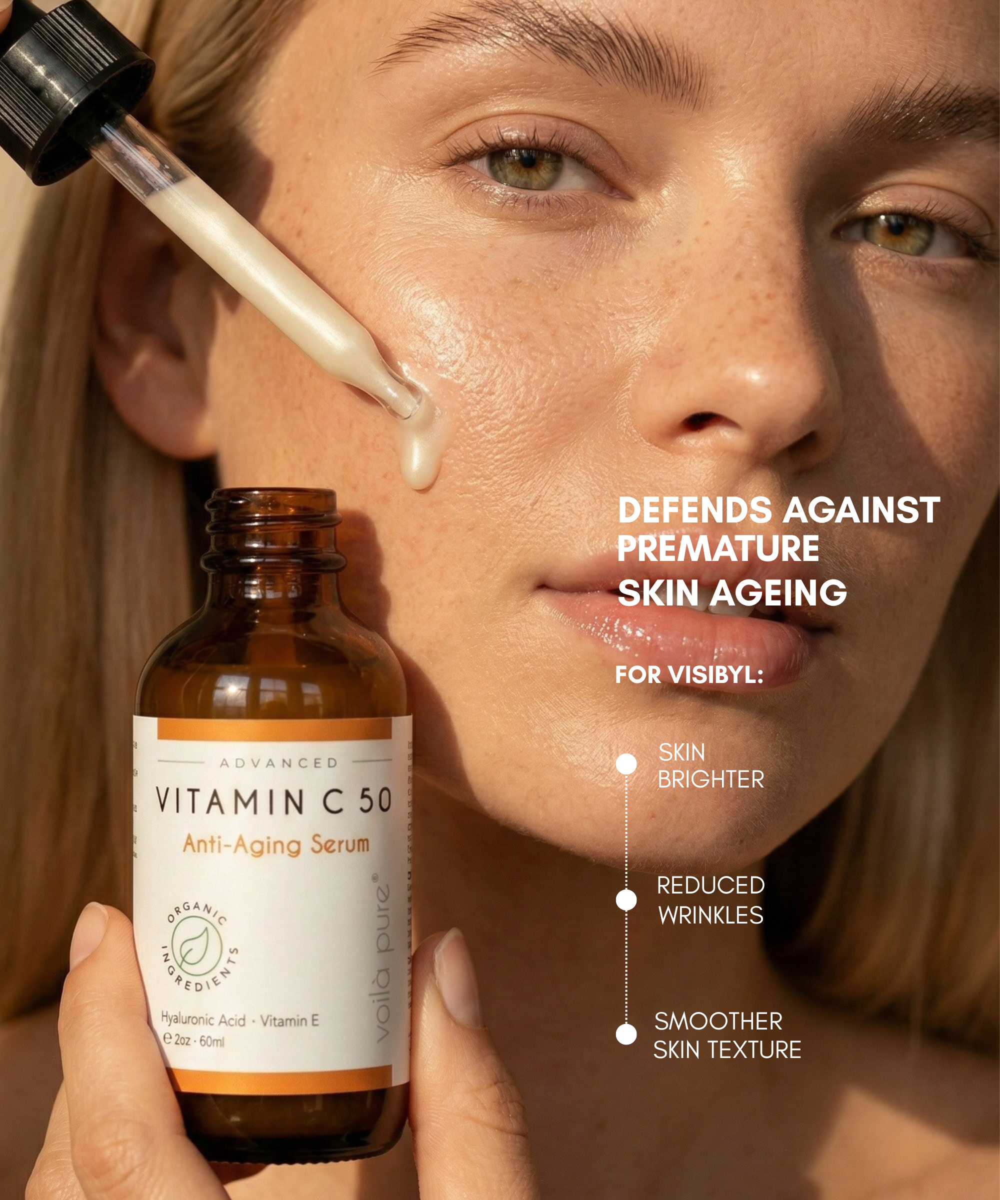 Woman applying a skincare serum to her face with a bottle of Vitamin C 50 serum in front.