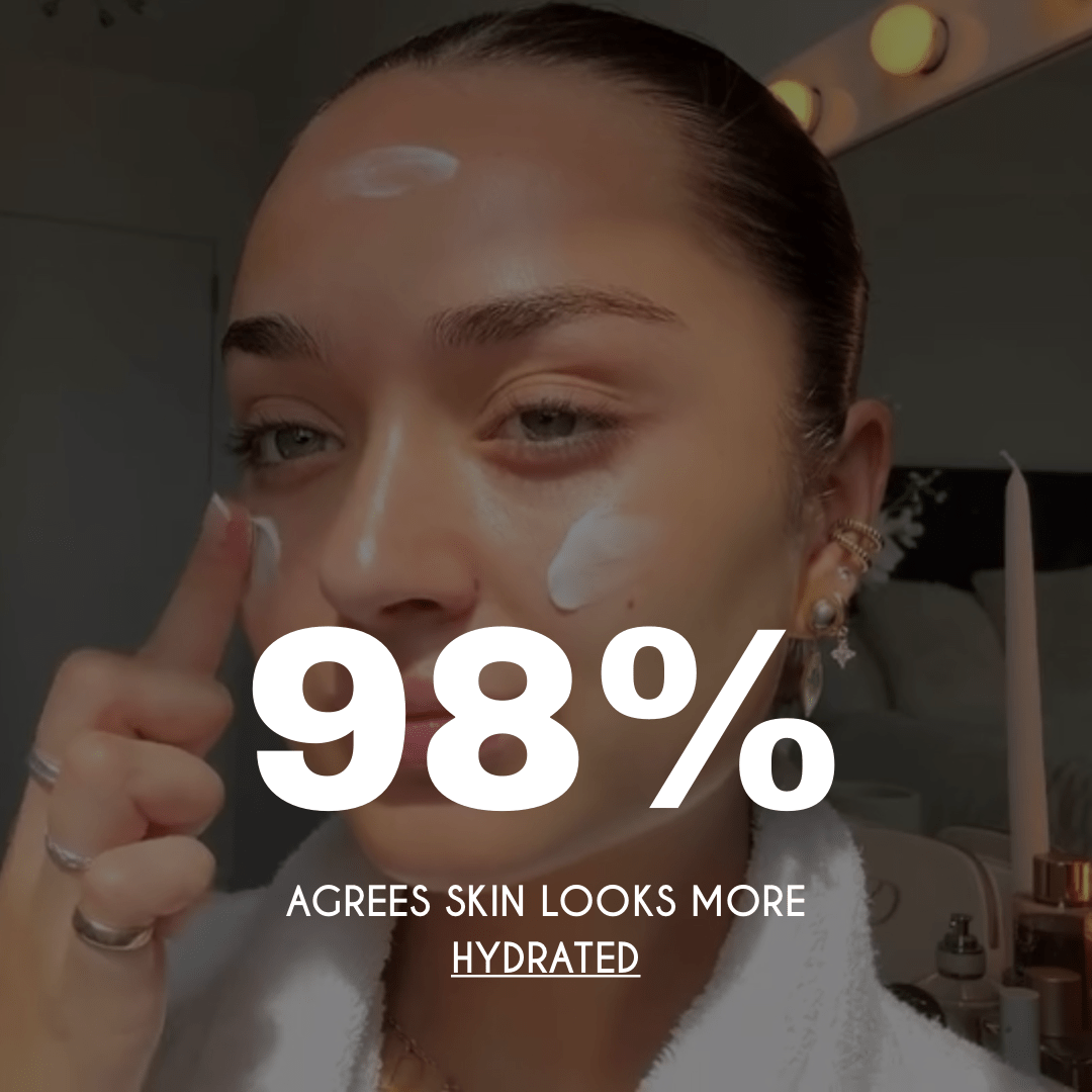 Woman applying cream to her face with a text overlay indicating skin hydration levels.
